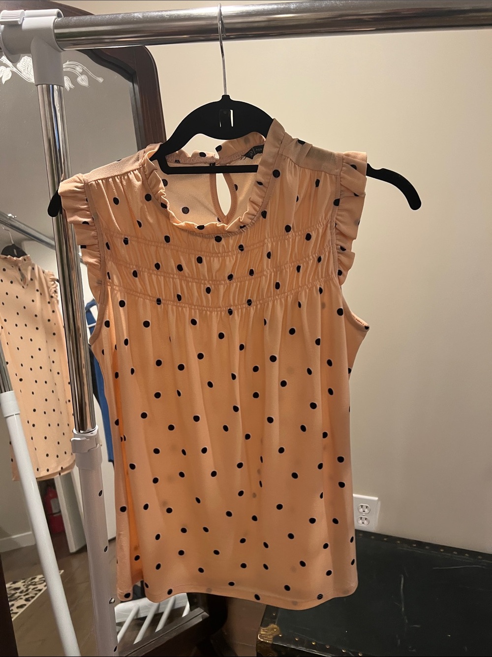 Adrianna Papell Peach and Black Polka Dot Ruffle Yoke Tank